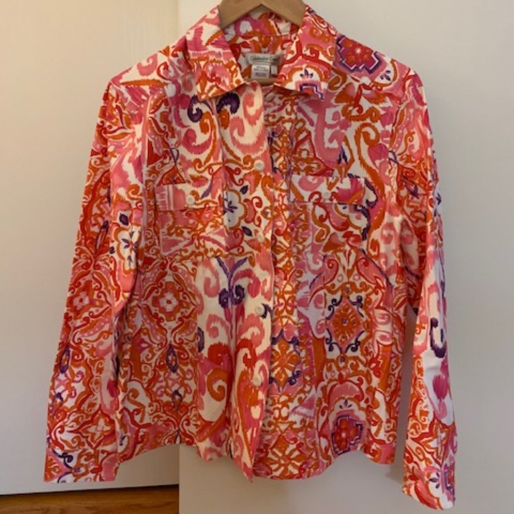 Coldwater Creek Lightweight Floral Button-Up Jacket, Batik Design, Size: L